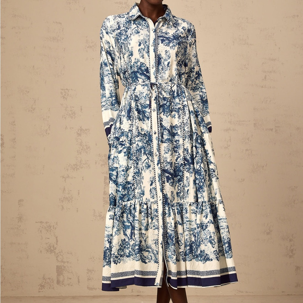 Blue Floral Print Midi Shirt Dress
